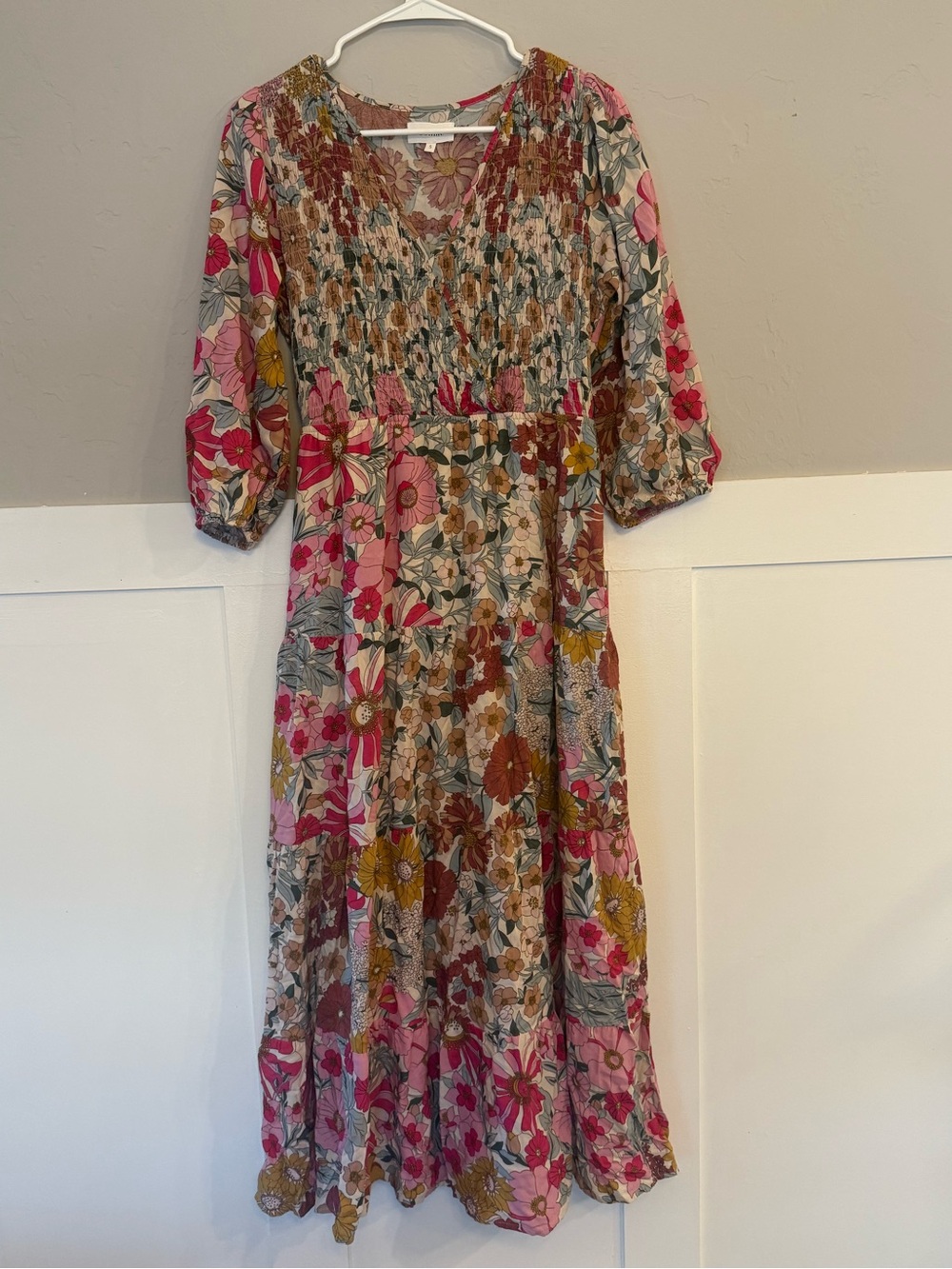 Bohme smocked bodice colorful floral maxi dress small 3/4 sleeve boho pockets